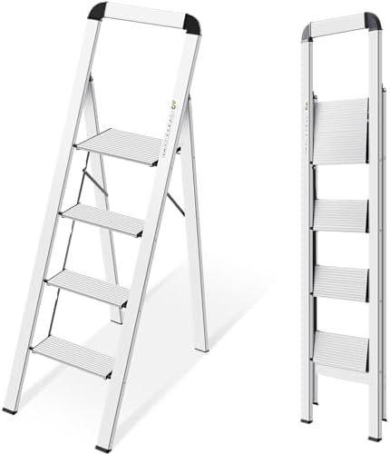 KINGRACK Aluminium 4 Step Ladder, Lightweight Step Stool with Non-Slip Pedals, Handrail, Foldable Step Ladder for Kitchen, Garage, Home, Space Saving, Sturdy and Portable, Silver