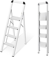KINGRACK Aluminium 4 Step Ladder, Lightweight Step Stool with Non-Slip Pedals, Handrail, Foldable Step Ladder for Kitchen, Garage, Home, Space Saving, Sturdy and Portable, Silver