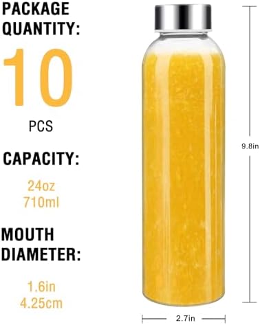 Sursip 24oz Glass Water Bottle Set of 10, Leak Proof Clear glass juice bottle for juicing, Reusable Drinking Bottles with Stainless Steel Lid, Beverage Storage Containers for Refrigerator-BPA Free