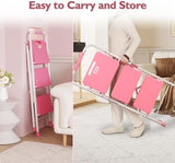 BONTEC 3-Step Ladder, Folding Step Stool, 600lbs Max Load Capacity, Sturdy Steel, Non-Slip Pedals, Lightweight, Portable Steel Ladder with Convenient Handrail, Safety Design for Home & Work, Pink