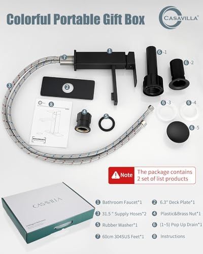 Bathroom Faucets Set with Pop Up Drain, Modern Single Handle Black Bathroom Sink Faucet w/Deck Plate(1 or 3 Hole), Farmhouse RV Vanity Sink Faucet-2 Sets, baño lavamanos Llave