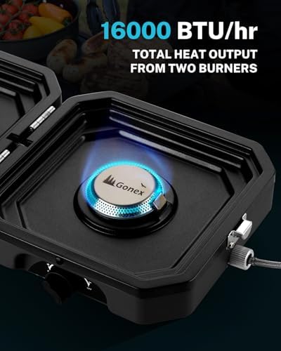 Gonex 2 Burner Propane Camping Stove with Griddle & Grates, Portable Foldable Cooking Stove with Total 16,000 BTU, Two Piezo Ignition Adjustable Burners for Camping, Patio, Emergency, Hiking (Black)