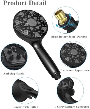 High Pressure Shower head with Handheld 7 Modes, Built-in Power Wash to Clear Tub. Tile & Pets, 5” High Flow Hand Held Hydro Rain Showerhead with Stainless Steel Hose and Adjustable Bracket-Matt Black