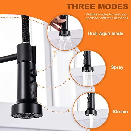 Kitchen Faucet Head Replacement Black, with 15 Adapters Plastic Pull Down Faucet Spray Head, 3 Modes Pull Out Kitchen Sink Sprayer Nozzle, Matte Black