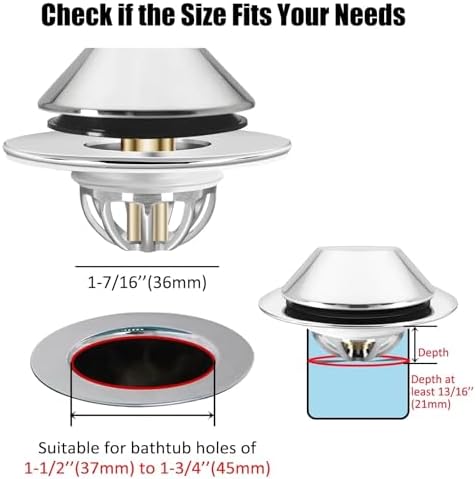 Bathtub Drain Stopper,Pop Up Tub Stopper Bottom with Drain Hair Catcher,Bathtub Plug and Cover with Strainer,Universal for 1.45 to 1.8in Drain Hole,Replaces Lift & Turn, Tip-Toe or Trip Lever