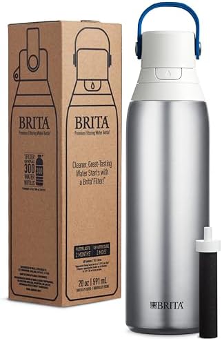 Brita Stainless Steel Premium Filtering Water Bottle, BPA-Free, Reusable, Insulated, Replaces 300 Plastic Water Bottles, Filter Lasts 2 Months or 40 Gallons, Includes 1 Filter, Stainless - 20 oz.