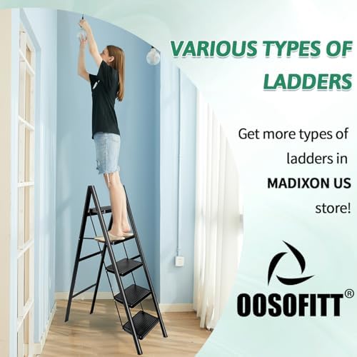 5 Step Folding Heavy Duty Step Ladder, 330 Lbs Load, Black, Iron & Plastic, 46 Inch Tall, Anti-Slip, Multi-Position, Indoor/Outdoor