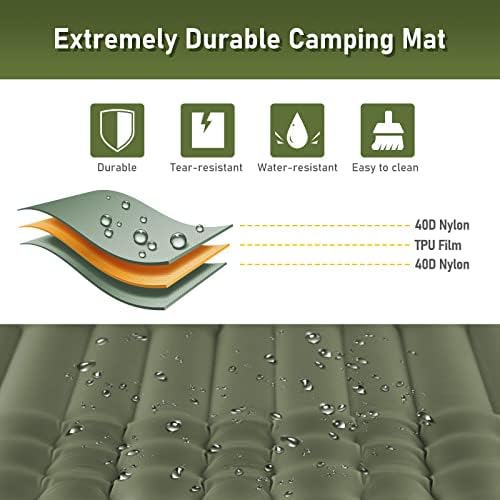 Elegear Double Sleeping Pad for Camping, 4" Ultra-Thick Self Inflating Camping Pad 2 Person with Pillow Built-in Foot Pump, Portable Camping Sleeping Mat for Backpacking, Hiking, Tent(Army Green Full)