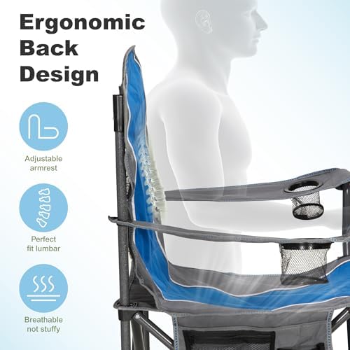 LET'S CAMP Oversized Outdoor Folding Camping Chair, 2 Pack Heavy Duty Arm Chairs with Cup Holder and Storage Bag, 350 LBS Weight Capacity, Blue