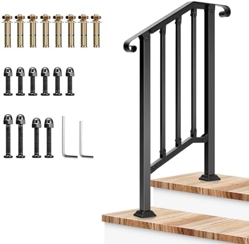 VIVOSUN Outdoor Handrail, 2 Step Stair Handrail, 26" x 36" Fits 1 to 2 Steps, Wrought Mattle Iron Stair Railing with Curved Ends and Balusters for Concrete Steps, Porch Steps, One-step Assembly, Black