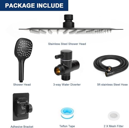 NearMoon Shower Head with Hose, High Pressure Stainless Steel Rain Shower and 3 Settings Handheld Spray Combo with Push Button Flow Control (8 Inch Showerhead Set, Matte Black)