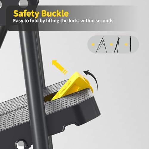 KINGRACK 4 Step Ladder, Sturdy Steel Step Stool with Safe-Lock Design, Handrail, Anti-Slip Wide Pedals, Pass 800lbs Load Testing, Folding Portable Ladder for Multi-Purpose, Home, Kitchen, Black