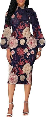 BestGirl Women's Bishop Sleeve Bodycon Dresses Work Casual Floral Print Pencil Midi Dresses