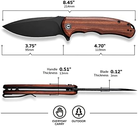 CIVIVI Folding Pocket Knife- Praxis Flipper Liner Lock Knife, 3.75" Black Stonewashed Blade with Cuibourtia Wood Handles, Reversible Clip for Everyday Carry Outdoor Use C803H