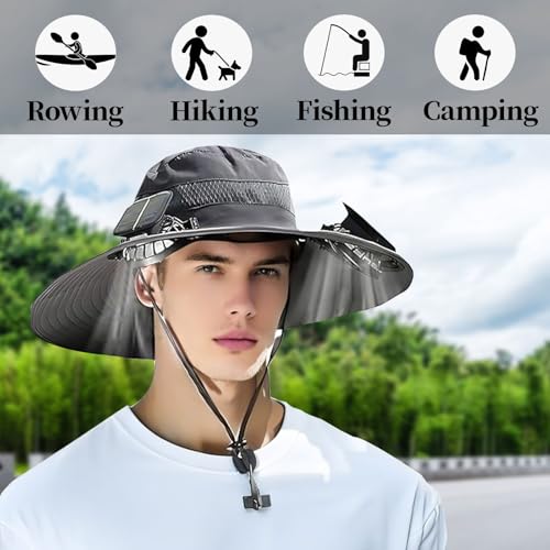 Wide-Brimmed Solar Fan Hat with 2 Solar FansFishing Hat Built in Solar Fan for Outdoor ActivitiesWith USB Charging Port (US, Alpha, One Size, Khaki)