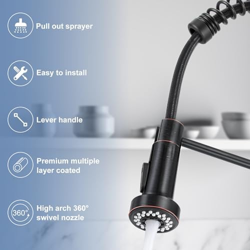 DJS Kitchen Faucets with Pull Down Sprayer Oil Rubbed Bronze -【High Arc】 Single Handle 1 or 3 Holes Spring Kitchen Sink Faucet with Deck Plate for Farmhouse RV Vessel Basin