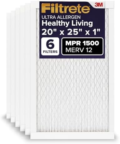 Filtrete 20x25x1 Air Filter MPR 1500 MERV 12, Healthy Living Ultra Allergen, 6-Pack (exact dimensions 19.69x24.69x0.78)