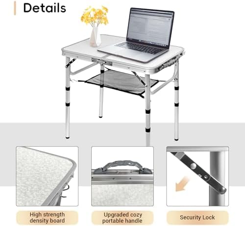 Small Camping Table 2Ft Folding Table 3 Adjustable Height Portable Lightweight Table Aluminum Fold Up Dining Table for Picnic,Beach BBQ,Cooking, Bed Working Outdoor & Indoor