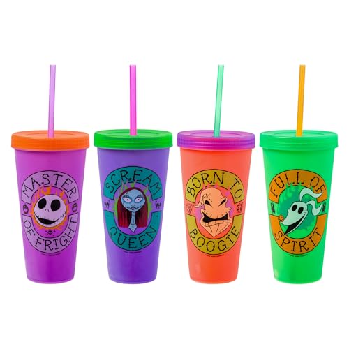 Silver Buffalo Disney The Nightmare Before Christmas 4 Pack Color Change Plastic Tumblers Featuring Jack Skellington, Sally, Oogie Boogie, and Zero, 24 Ounces