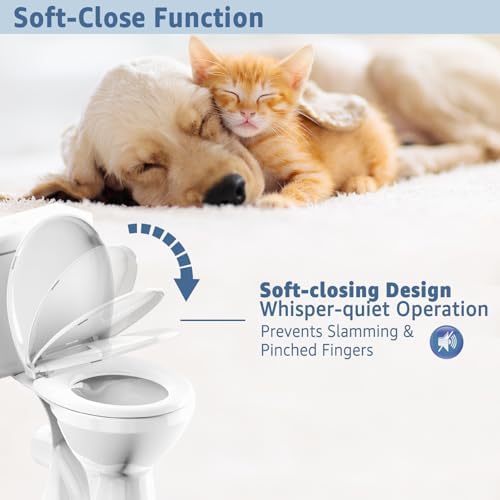 Round Toilet Seat Soft Close 16.5'',Standard Universal Toilet Lid Round with PP Material Safe,Easy to Clean and Install,Ergonomic design,Never Loosens,2 Years Support,White Plastic