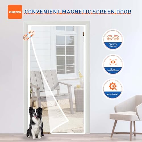 MAGZO Magnetic Screen Door Fit Door Size 36 x 96 Inches, Actual Screen Size 38 x 97 Inch Side Opening Screen Mesh with Hook&Loop Full Frame-White