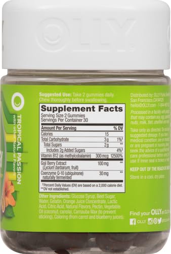 OLLY Daily Energy Gummy,Caffeine Free,Vitamin B12,CoQ10,Goji Berry,Adult Chewable Supplement,Tropical Flavor -,60 Count (Pack of 2)