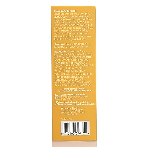 Advanced Clinicals Vitamin C Body Oil Skin Care Moisturizer W/Vitamin E & Turmeric - Nourishing, Brightening, & Hydrating Body Oil To Improve Look Of Dark Spots, Dry Skin, & Stretch Marks, 3.8 Fl Oz