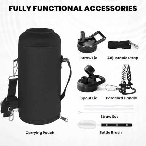 Insulated Water Bottle 87 oz, Triple Wall Vacuum Stainless Steel (Cold for 48 Hrs), Leak Proof & Non-BPA, Modern Water Flask Jug with Paracord Handle & Straw Spout Lids, Ombre: White/Black