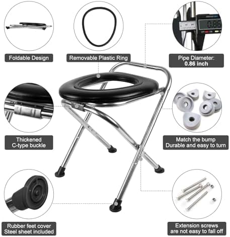 BLIKA Portable Toilet for Camping, 350LBS Stainless Steel Foldable Camp Travel Toilet with Soft Seat for Adults, 16.5-Inch Portable Toilet for Truckers, Camping, RV Travel, Road Trips, Outdoor Use