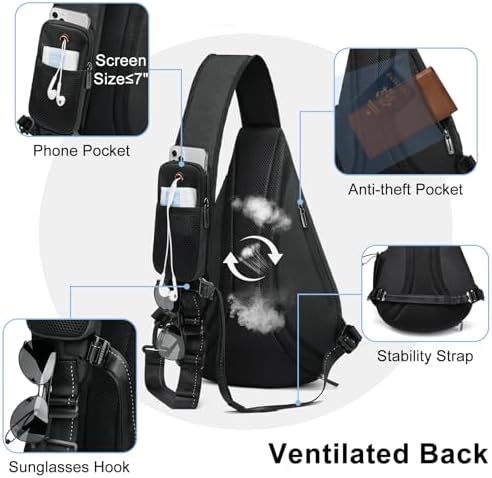 TUDEQU Sling backpack, 8 Pockets Sling Bag Crossbody, 19L Large Sling Bag for Men Travel Crossbody Backpack Hiking Outdoor