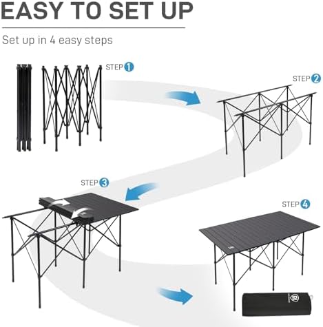 EVER ADVANCED Camping Table, Fold up Lightweight, 4-6 Person Portable Roll up Aluminum Table with Carry Bag for Outdoor, Support Up to 110LBS, Black