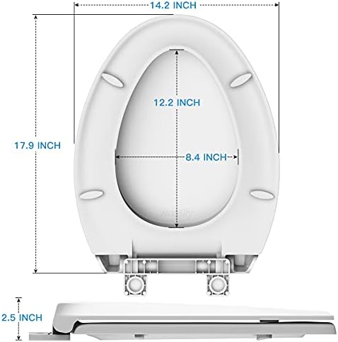 Durable Elongated Toilet Seat with Slow Soft Close - Easy to Install and Clean, Never Loosens - White, Fits Most Elongated Toilets
