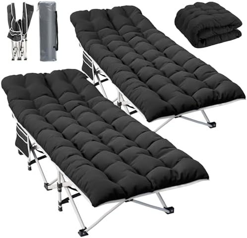 YITAHOME 2 Pcs Camping Cots w/Mattress Portable Lounge Chair Outdoor Folding Cot Heavy Duty 575 LB Capacity 1200D Oxford w/Carry Bag Travel Camp Bed for Camping, Office, Traveling, Black