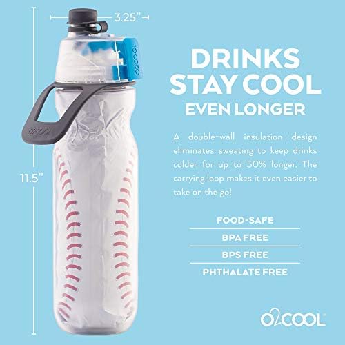 O2COOL Mist 'N Sip Misting Water Bottle 2-in-1 Function With No Leak Pull Top Spout Sports Reusable Water Bottle - 20 oz (2 Pack Baseball)
