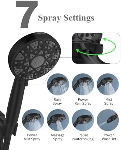 High Pressure Shower head with Handheld 7 Modes, Built-in Power Wash to Clear Tub. Tile & Pets, 5” High Flow Hand Held Hydro Rain Showerhead with Stainless Steel Hose and Adjustable Bracket-Matt Black