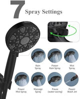 High Pressure Shower head with Handheld 7 Modes, Built-in Power Wash to Clear Tub. Tile & Pets, 5” High Flow Hand Held Hydro Rain Showerhead with Stainless Steel Hose and Adjustable Bracket-Matt Black