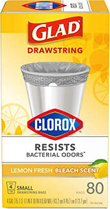 Glad Small Trash Bags 4 Gallon, Lemon Fresh Bleach Garbage Bags, Odor Resistant with Drawstring, 80 Count