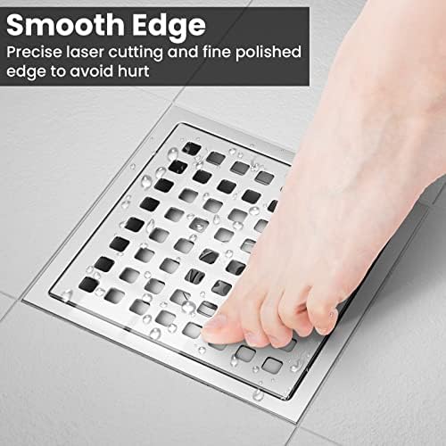 EXF 6 Inch Square Shower Drain Chrome, Stainless Steel Shower Floor Drain Kit with ABS Flange, Removable Grid Cover, Hair Strainer