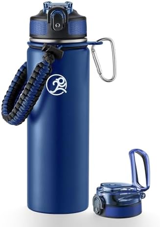 GOSWAG Insulated Sports Water Bottle, 24oz 2 Lids(with Straw/No Straw), Stainless Steel Water Bottles with Paracord Handle, Insulated Thermos with Double-Wall Vacuum Insulation