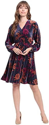 London Times Women's Long Sleeve V-Neck Dress