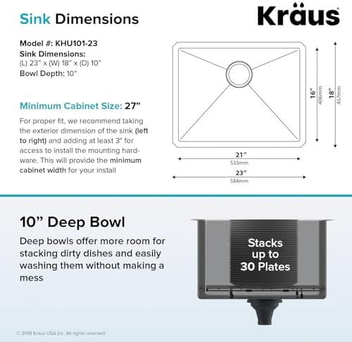 KRAUS Standard PRO 23-Inch 16 Gauge Undermount Single Bowl Stainless Steel Kitchen Sink, KHU101-23