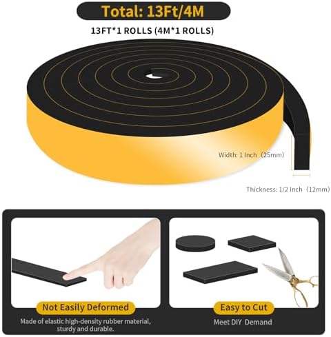 Weather Stripping Door Seal,Weather Stripping,Soundproof,Cold Insulation,High Density CR Foam Insulation Tape for Door, Front Door Frame, Windows,Sliding Door (Black, 1 in x 1/2 in x 13Ft)