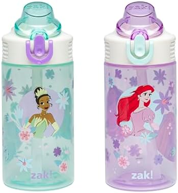 Zak Designs Disney Princess Sage Kids Water Bottle For School or Travel, 16oz Durable Plastic With Straw and Leak-Proof Spout Cover, 2-Pack (Ariel, Cinderella, Jasmine, Moana, Rapunzel, Tiana)