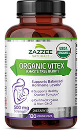 Zazzee USDA Organic Vitex, 500 mg Strength, 120 Vegan Capsules, 4 Month Supply, Standardized and Concentrated 4X Extract, Whole USDA Certified Organic Chaste Berry, All-Natural and Non-GMO