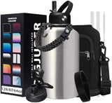64 oz Insulated Water Bottle Stainless Steel - Gallon Water Bottle with Straw, Half Gallon Water Jug Wide Mouth, Sweat-Proof Metal Flask Mug with Paracord Handle For Gym Camping Hiking
