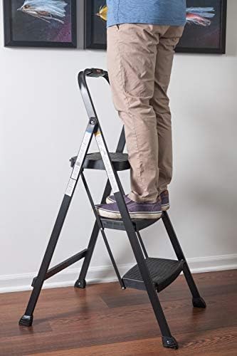 Rubbermaid 3-Step Steel Ladder, Folding Step Stool with Hand Grip and Non-Slip Feet, Black, Tested to ANSI US Safety Standards, No Assembly Required
