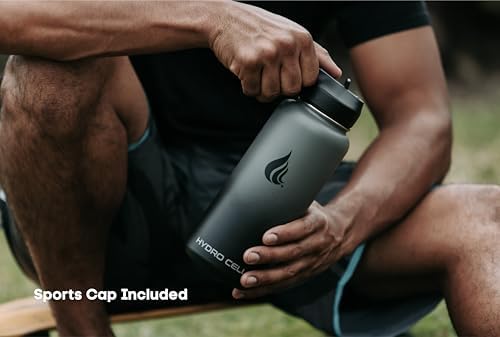 HYDRO CELL Stainless Steel Insulated Water Bottle with Straw - For Cold & Hot Drinks - Metal Vacuum Flask with Screw Cap and Modern Leakproof Sport Thermos for Adults (Graphite/Black 32oz)