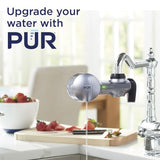 PUR PLUS Horizontal Faucet Mount Water Filtration System with 3-in-1 Lead Reducing Filter for Great-Tasting Filtered Tap Water, Lasts 100 Gallons, Fits Most Kitchen or Bathroom Faucets, Metallic Grey