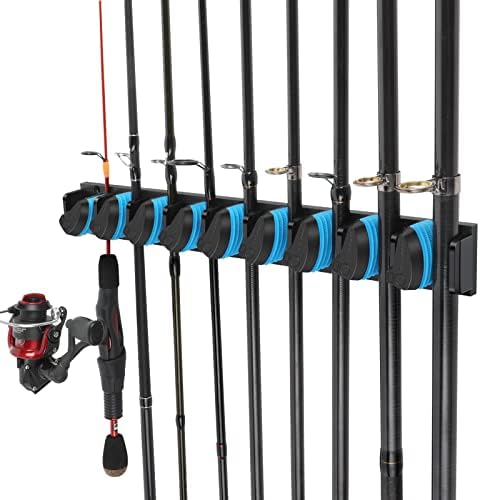 PLUSINNO Vertical Fishing Rod Holder, Wall Mounted Fishing Rod Rack, Fishing Pole Holder Holds Up to 9 Rods or Combos, Fishing Rod Holders for Garage, Fits Most Rods of Diameter 3-19mm