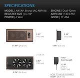 AC Infinity AIRTAP T4 Bronze, Register Booster Fan for 4” x 10” Register Holes, Improves Heating & Cooling from AC Vents, with 10-Level Speeds and Bluetooth Integrated App Control